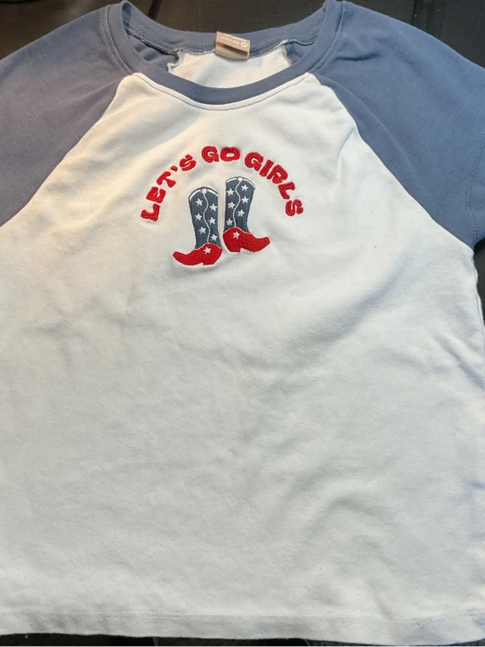 Messy Bun "Let's Go Girls" Raglan Tee Medium White Dusty Blue Cotton Graphic - Picture 2 of 5